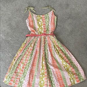 Vintage Striped Floral Tie-Shoulder Sundress in Coral, Olive & Pink